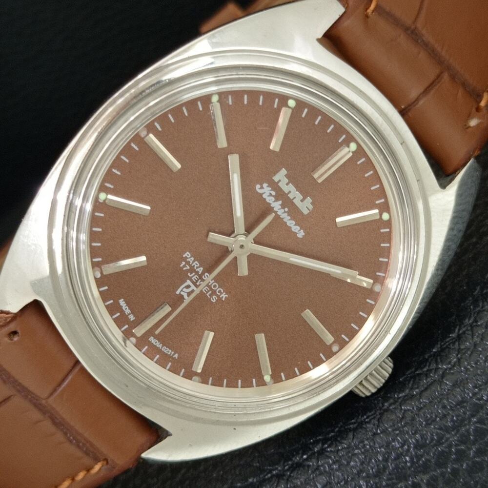 Vintage 1993 HMT Manual Wound Mens Silver Watch & Brown accents